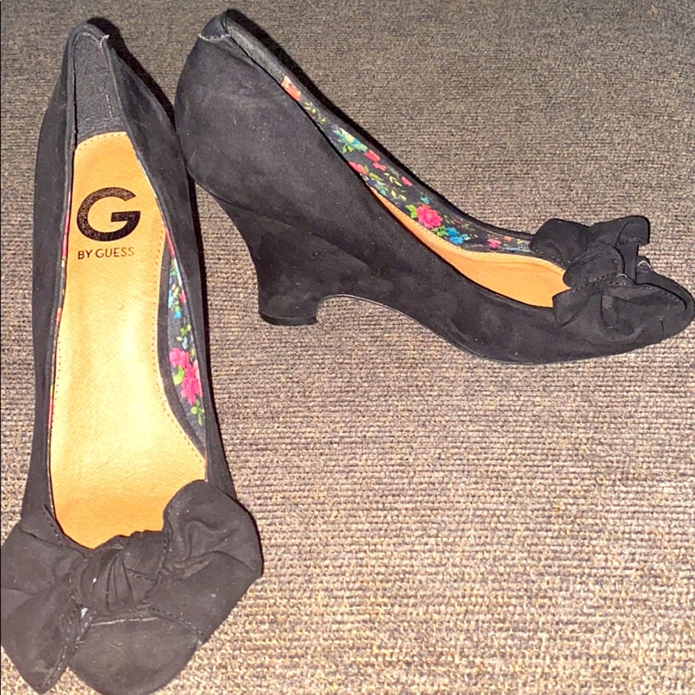G by Guess Black Suede Peep Toe Heels